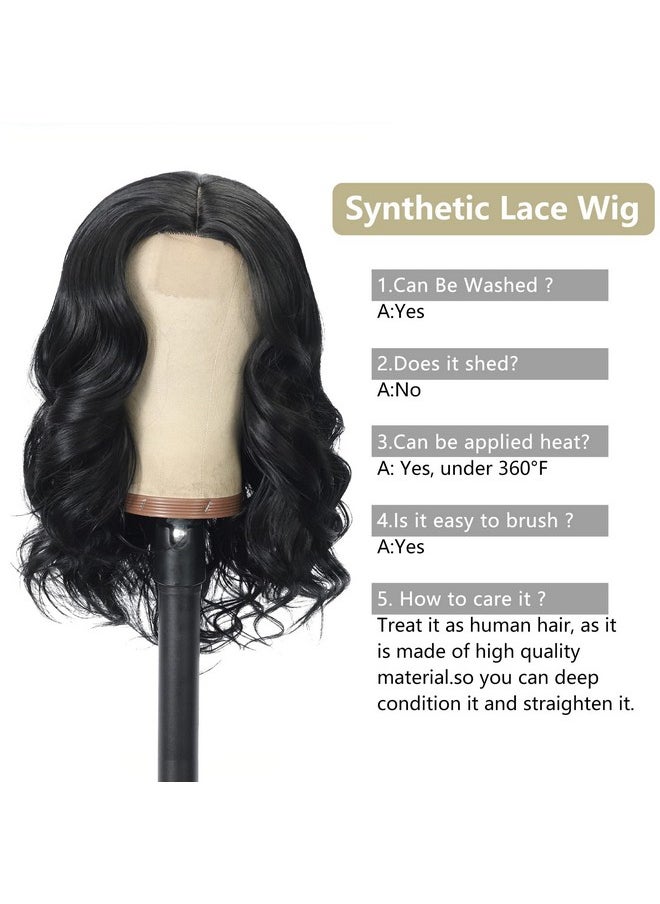 meiliprotea 16" Short Body Wave Synthetic Wig Side Part Bob Wavy Lace 180% Density Ocean Wave Wig For Black Women  - Image 5