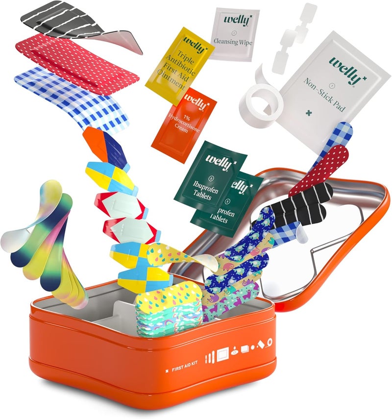Welly طقم الإسعافات الأولية لاصق قماش مرن ولصقات مائية وشريط ووسادات غير لاصقة شرائط فراشة للاستخدام الفردي مراهم مضاد حيوي ثلاثي وهيدروكورتيزون وإيبوبروفين 130 عدداً - Image 5