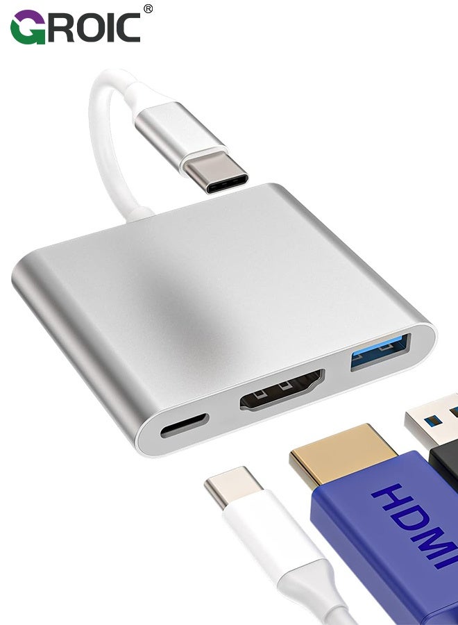 GROIC Silver USB C to HDMI Adapter, 4K Video Converter with USB 3.0 and Type-C Charging Port, USB-C Digital AV Multiport Adapter for Mac and USB Type-C Devices - Image 1