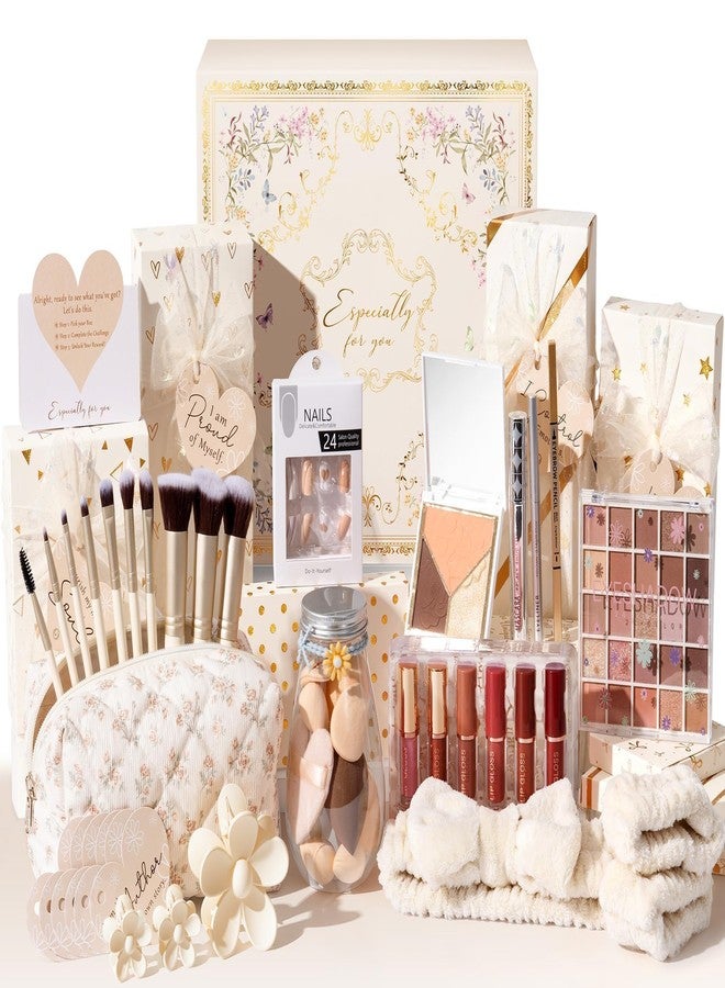 Qinline Christmas Gifts for Teen Tween Girls - 10 PCS Birthday Gifts Teen Girls Trendy Stuff w/Makeup Set Brushes & Bag, Fun Affirmation Empower Wrapped Gift Box Basket for Her Daughter Niece Sister - Image 1