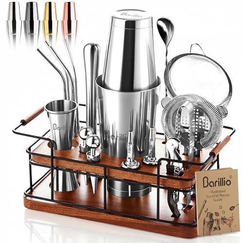Barillio Bartender Kit – 23-Piece Stainless-Steel Cocktail Shaker Set with Premium African Mahogany Stand | Martini Barware Mixing Tools for Home Bartending | Gift Set - Image 1