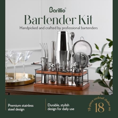 Barillio Bartender Kit – 23-Piece Stainless-Steel Cocktail Shaker Set with Premium African Mahogany Stand | Martini Barware Mixing Tools for Home Bartending | Gift Set - Image 2