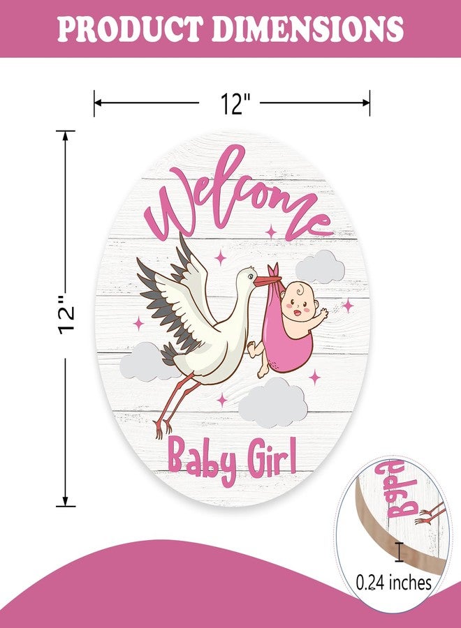Bolisom Welcome Baby Girls Front Door Sign, Newborn Baby Shower Stork Wood Hanger Nursery Home Decor Gifts for New Dad Mom, Farmhouse Gender Reveal Party Wooden Wreath Indoor Wall Hanging Decoration - Image 2