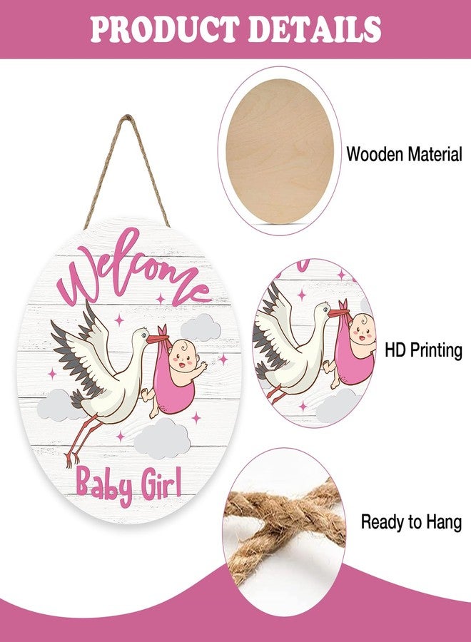 Bolisom Welcome Baby Girls Front Door Sign, Newborn Baby Shower Stork Wood Hanger Nursery Home Decor Gifts for New Dad Mom, Farmhouse Gender Reveal Party Wooden Wreath Indoor Wall Hanging Decoration - Image 3