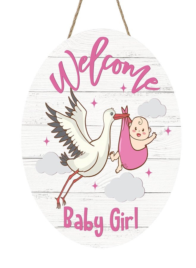 Bolisom Welcome Baby Girls Front Door Sign, Newborn Baby Shower Stork Wood Hanger Nursery Home Decor Gifts for New Dad Mom, Farmhouse Gender Reveal Party Wooden Wreath Indoor Wall Hanging Decoration - Image 1