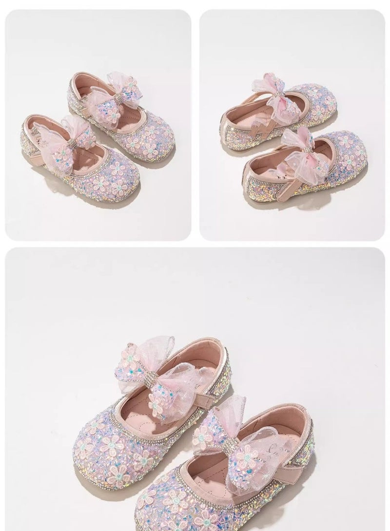 Children's  Glittery Sequined Ballet-Style  With Bows Board Shoes - Image 3