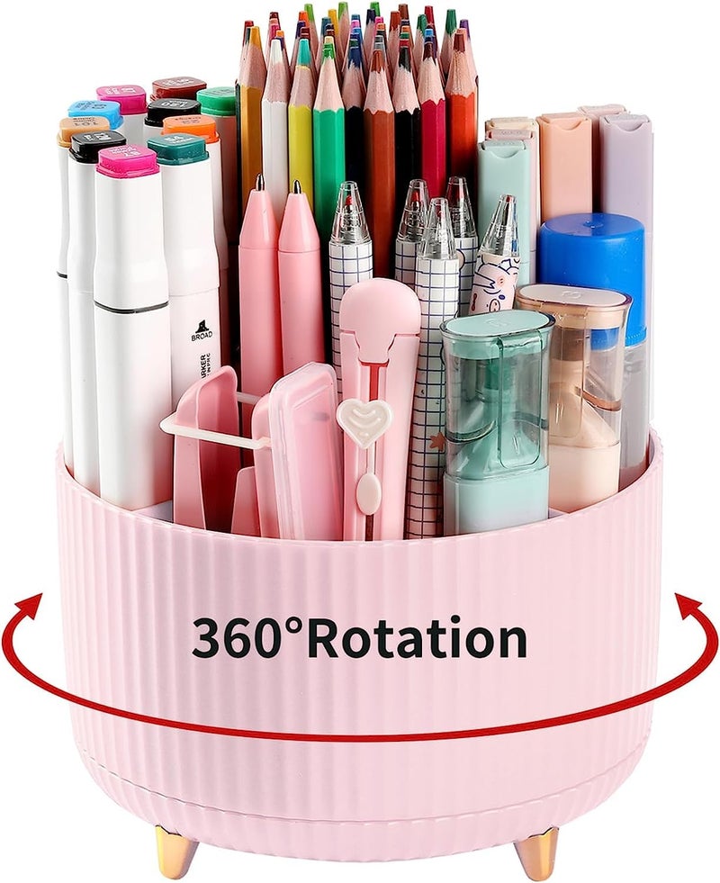 Deyaah Pencil Pen Holder for Desk, 5 Slots 360°Degree Rotating Pencil Pen Organizers for Desk, Desktop Storage Stationery Supplies Organizer, Cute Pencil Cup Pot for Office, School, Home, Art Supply (Pink) - Image 1