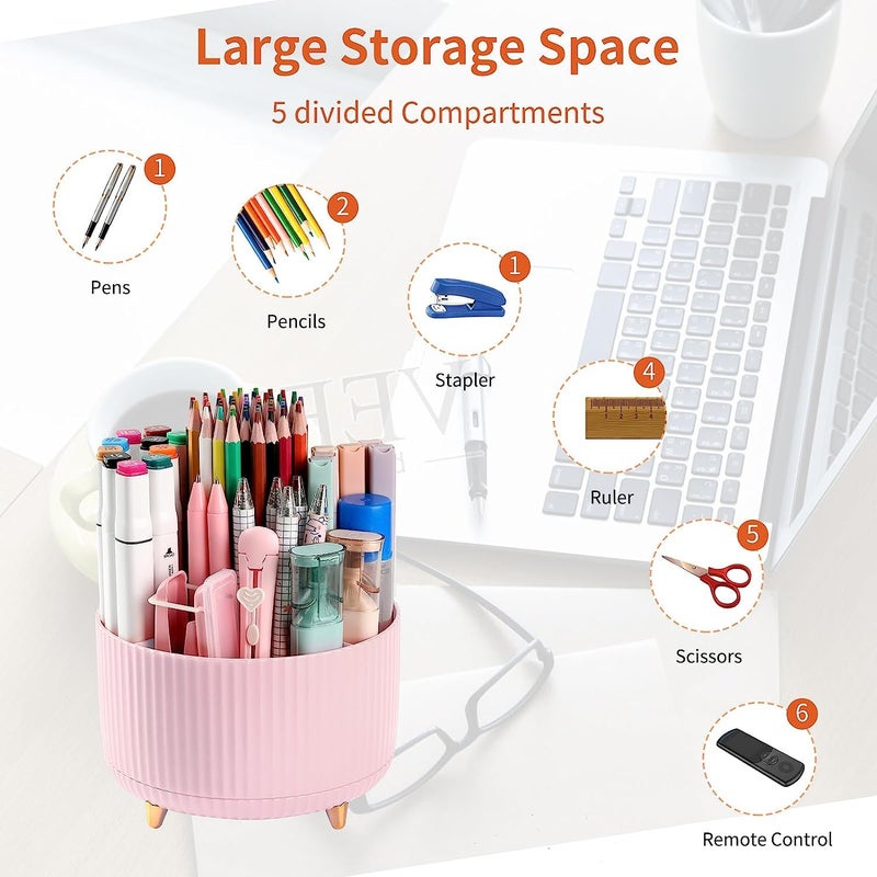 Deyaah Pencil Pen Holder for Desk, 5 Slots 360°Degree Rotating Pencil Pen Organizers for Desk, Desktop Storage Stationery Supplies Organizer, Cute Pencil Cup Pot for Office, School, Home, Art Supply (Pink) - Image 2