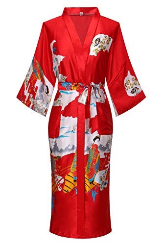 Dandychic Women's Kimono Robes Pagoda Print Kimono Imitation Silk Long Style Small Red - Image 1