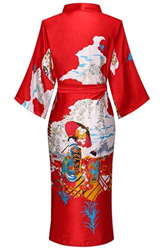 Dandychic Women's Kimono Robes Pagoda Print Kimono Imitation Silk Long Style Small Red - Image 2