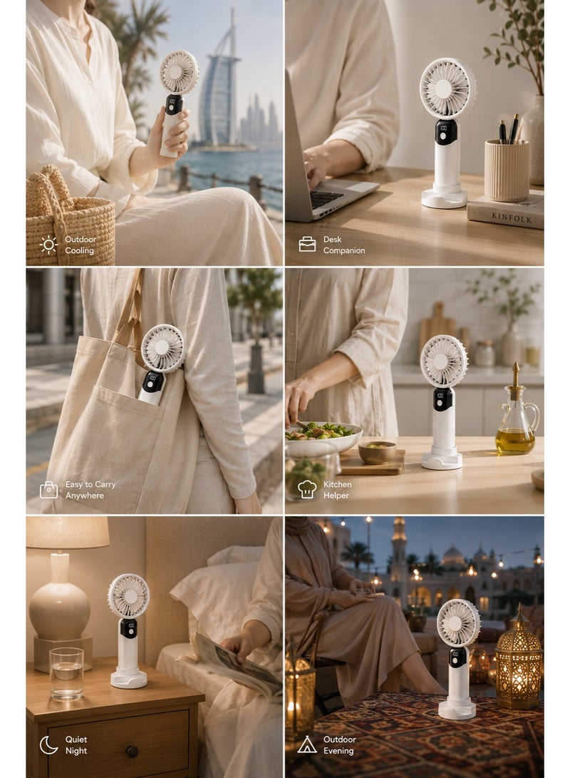 مروحة يدوية صغيرة مزودة بشاشة رقمية، مروحة محمولة قابلة لإعادة الشحن عبر USB، مروحة تبريد شخصية بتدفق هواء توربيني بـ 6 سرعات مزودة بقاعدة مكتبية، شحن سريع عبر منفذ Type-C، محرك صامت بدون فرشات مناسب للسفر والمكتب والمنزل - Image 2