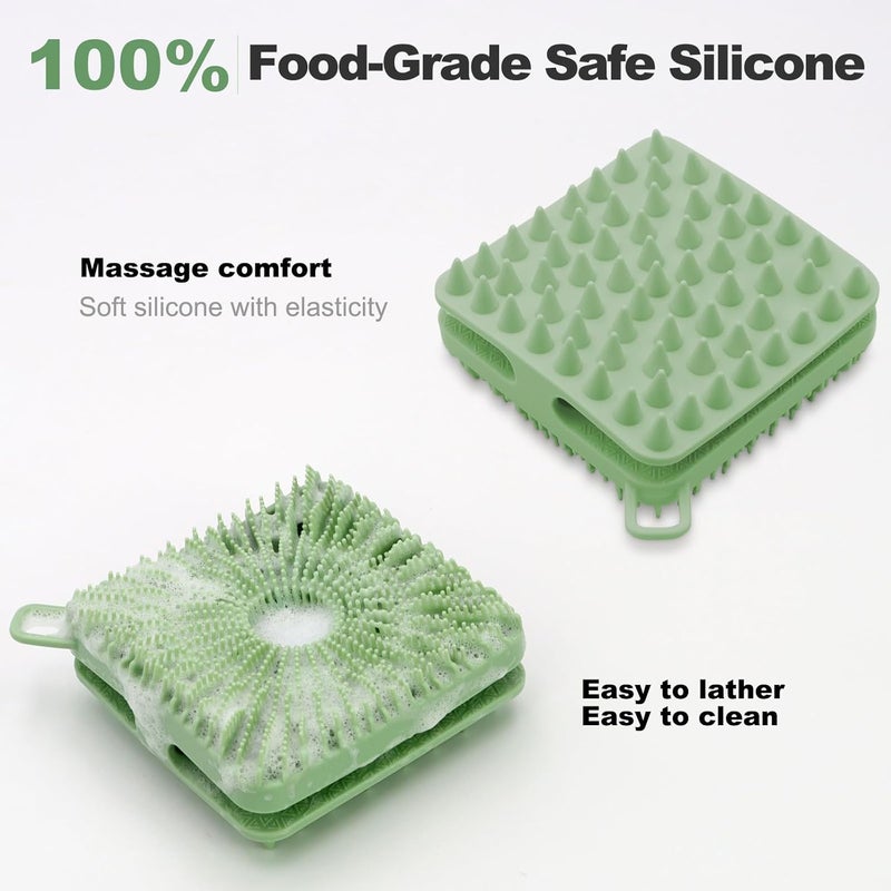 حيسنا فرك الجسم السيليكون، فرشاة الجسم مزدوجة الجوانب لوفا، فرك الاستحمام وفرشاة الشامبو لتدليك فروة الرأس للأطفال الحساسين والنساء والرجال وجميع أنواع البشرة (أخضر عش��ي) - Image 5