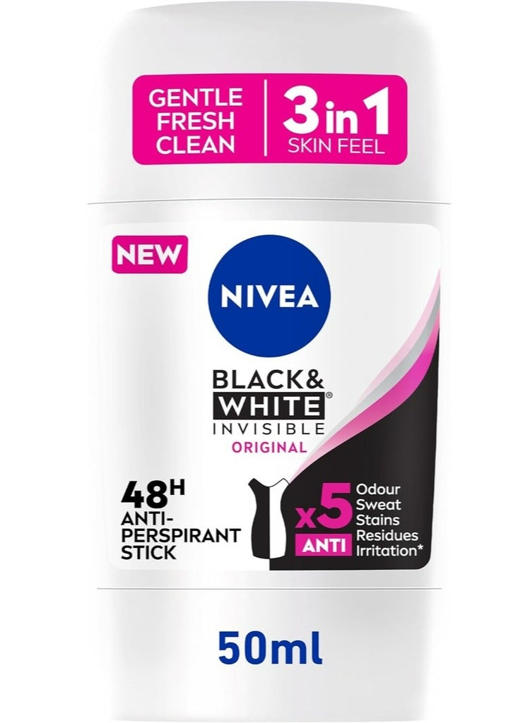 Nivea Antiperspirant Stick For Women, 48h Protection, Black & White Invisible Original, 50ml - Image 1