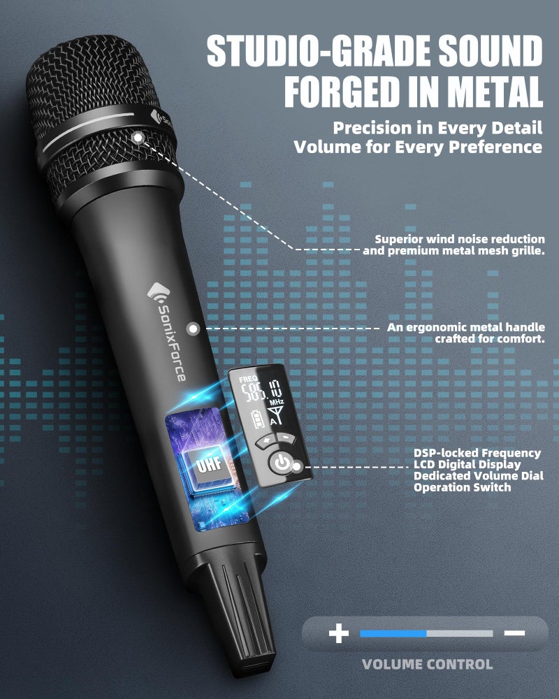 SonixForce Wireless Microphones, Professional Karaoke Microphone, Dual-Mic UHF System with 260ft Range, All-Metal Portable Microphone for Singing, Speaking, Meetings and Events - Image 4