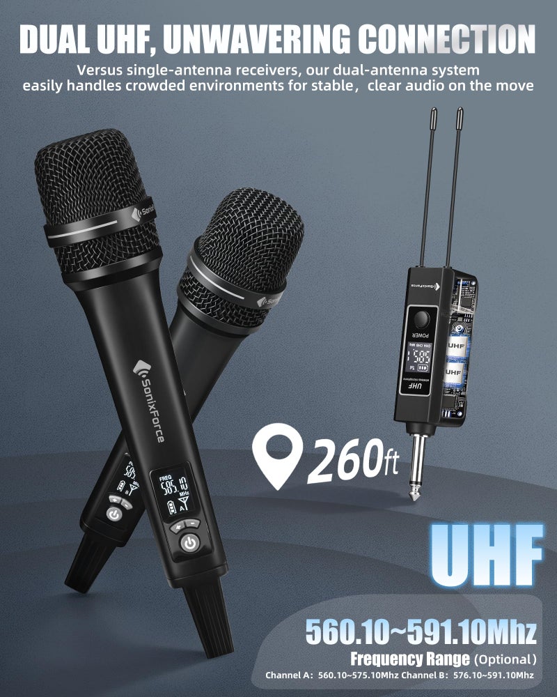 SonixForce Wireless Microphones, Professional Karaoke Microphone, Dual-Mic UHF System with 260ft Range, All-Metal Portable Microphone for Singing, Speaking, Meetings and Events - Image 5