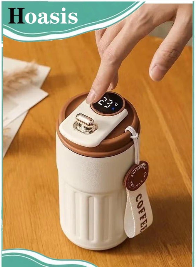 Hoasis 460ml Insulated Travel Coffee Mug Vacuum Flasks Car Mug with Temperature Display, 316 Stainless Steel Vacuum Coffee Cup, Leakproof Tumbler Thermal Mug, Beige - Image 1