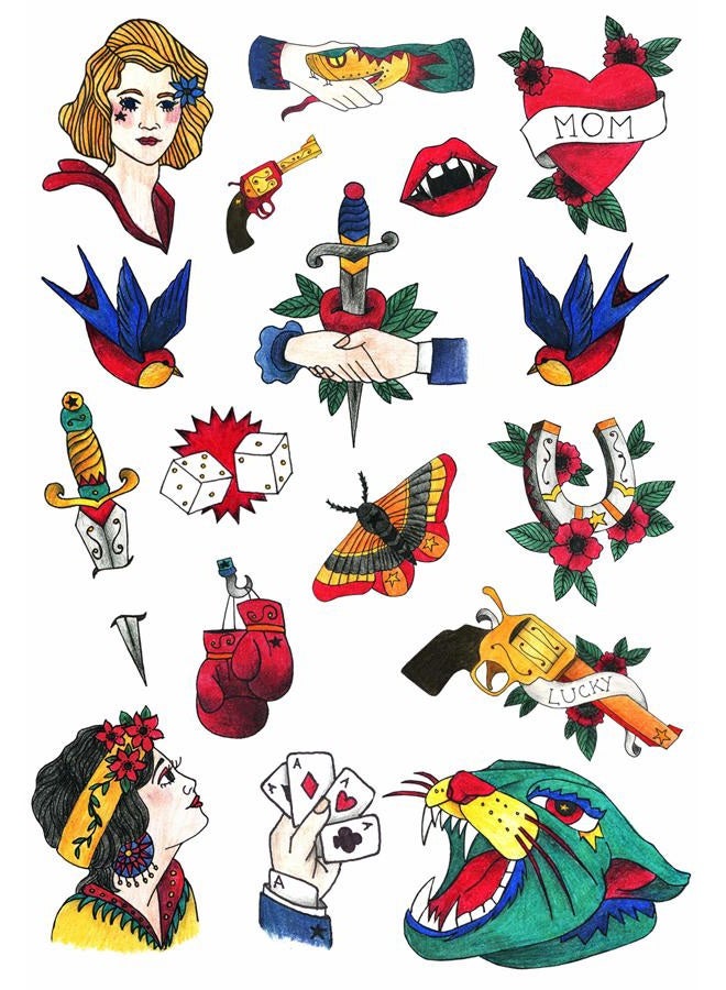 Tatsy Old School Temporary Tattoo Set by , Original Cool Oldschool Vintage Design, Party Fun Tattoos, Fake Tattoo Body Art Cover Up for Men and Women, Unique Drawings - Image 1