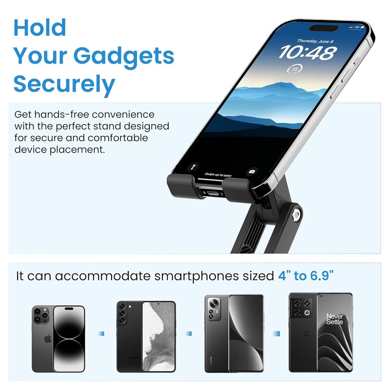 AMBRANE 360° Rotation, Foldable Design Mobile Stand with Stable Metalic Round Base, Multiple Height & Angle adjustments Compatible with Smartphones, Tablets, Kindles & iPad (Twistand 360, Black) - Image 5