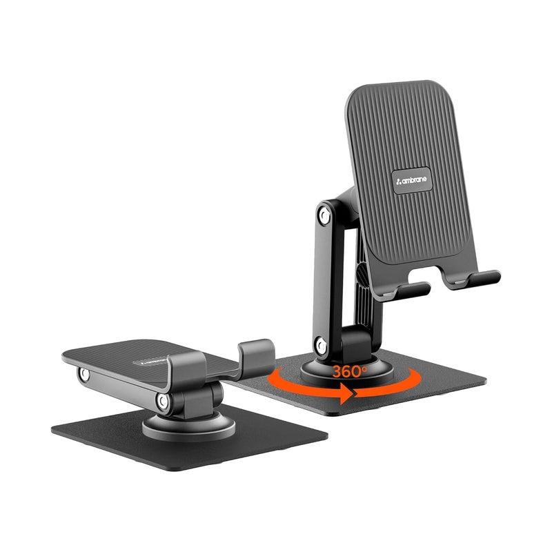 AMBRANE 360° Rotation, Foldable Design Mobile Stand with Stable Metalic Round Base, Multiple Height & Angle adjustments Compatible with Smartphones, Tablets, Kindles & iPad (Twistand 360, Black) - Image 1