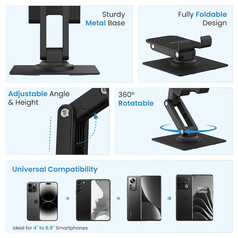 AMBRANE 360° Rotation, Foldable Design Mobile Stand with Stable Metalic Round Base, Multiple Height & Angle adjustments Compatible with Smartphones, Tablets, Kindles & iPad (Twistand 360, Black) - Image 2