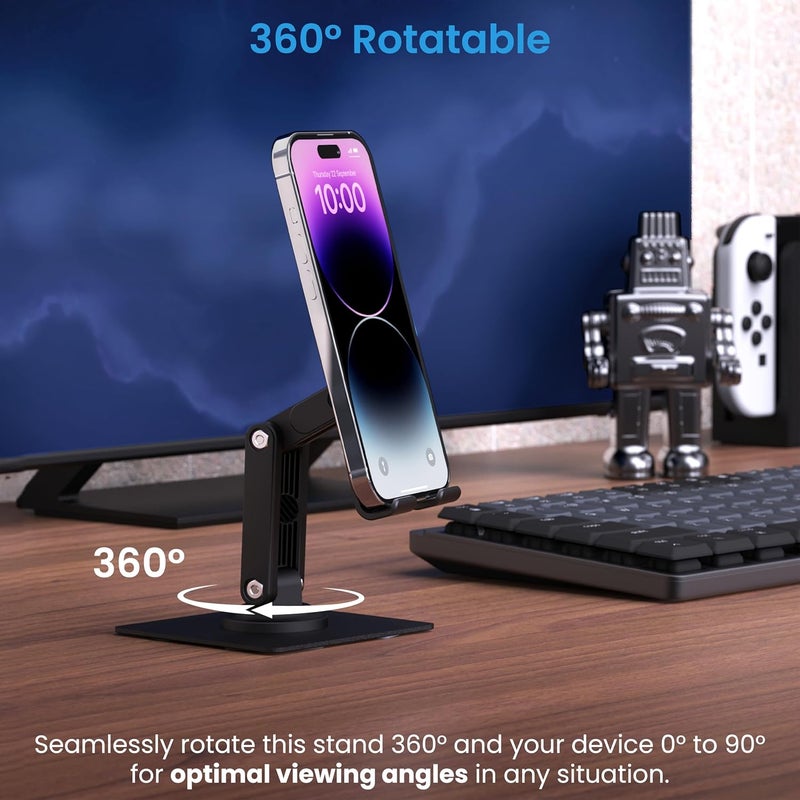 AMBRANE 360° Rotation, Foldable Design Mobile Stand with Stable Metalic Round Base, Multiple Height & Angle adjustments Compatible with Smartphones, Tablets, Kindles & iPad (Twistand 360, Black) - Image 3