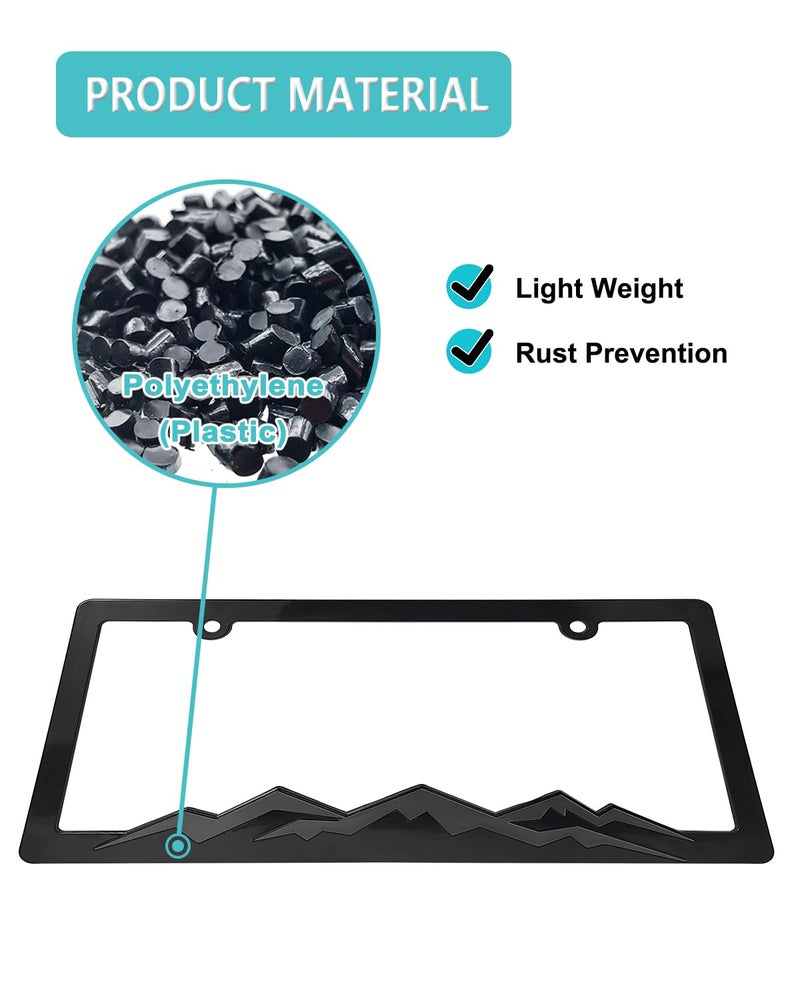 NJNYLLC Mountain License Plate Frames - Plastic Car Tag Holders with Raised Mountain Design, Black on Black, 2 Pack 2 Hole with Screws & Caps, Mountain Vinyl Sticker Included - Image 5