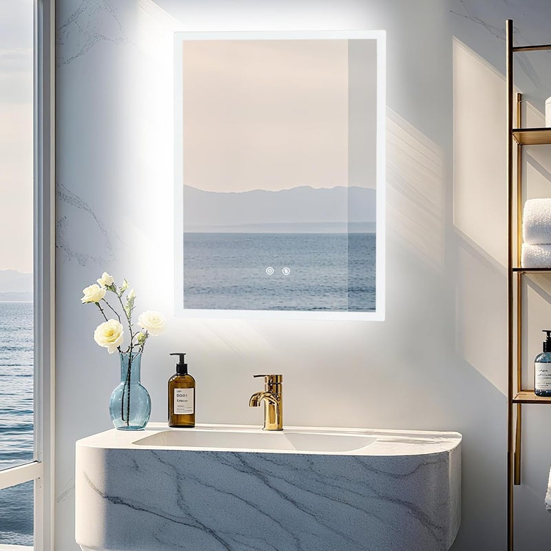 WISFOR Bathroom Mirror with LED Lights: 50x70cm Rectangular Illuminated Dimmable Wall Mounted Mirror with Anti-Fog 3 Lighting Modes Memory Function Anti Fog Smart LED Bathroom Mirror with Touch Light - Image 1