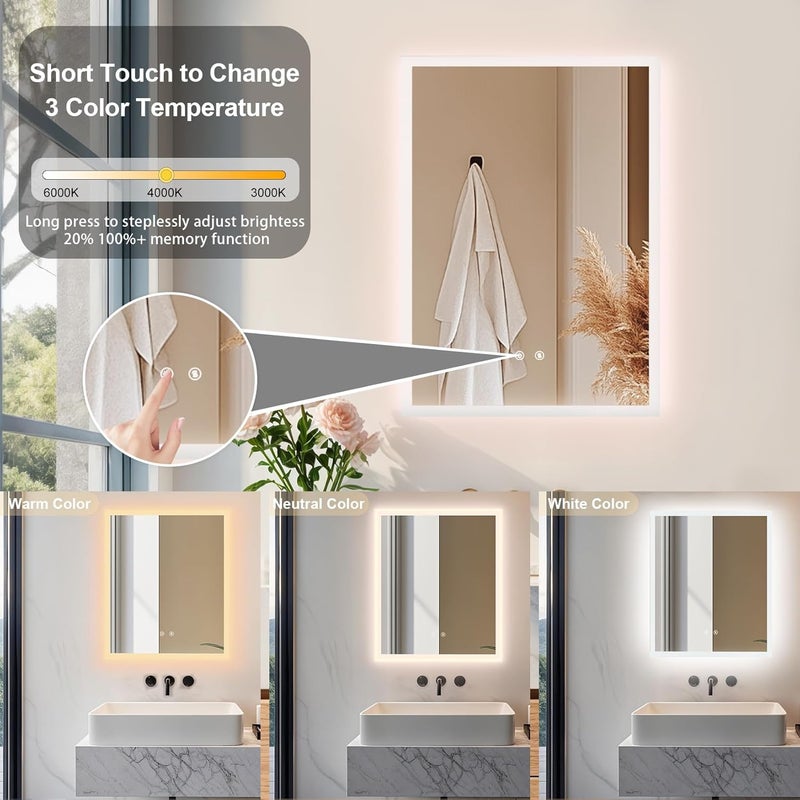 WISFOR Bathroom Mirror with LED Lights: 50x70cm Rectangular Illuminated Dimmable Wall Mounted Mirror with Anti-Fog 3 Lighting Modes Memory Function Anti Fog Smart LED Bathroom Mirror with Touch Light - Image 3