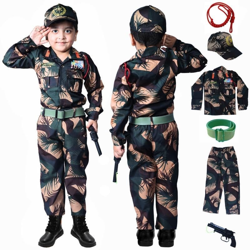 Sarvda Army Dress For Kids | Camouflage Soldier Costume Set For Boys & Girls | Army Style Fancy Dress Outfit With Shirt, Pants, Cap & Adjustable Utility Belt With Bettle Toy For School Competitions - Image 1