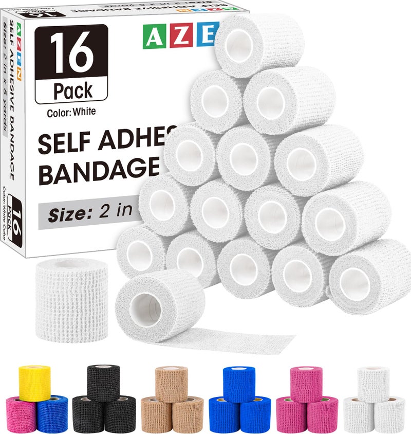 AZEN 16 Pack Self Adhesive Bandage Wrap Pink, 2" X 5 Yards Elastic Cohesive Bandage Wrap, Athletic Tape, Vet Wrap, Ankle Tape, Tattoo Grip Tape Wrap (White) - Image 1