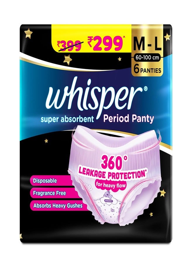 Whisper Super Absorbent Period Panty, 6 M-L Pants, 360 Degree Leakage Protection* for Heavy Flow, Panty like Fit, Full back Coverage, Absorbs Heavy Gushes, Silky Soft, Comfortable Feel - Image 1