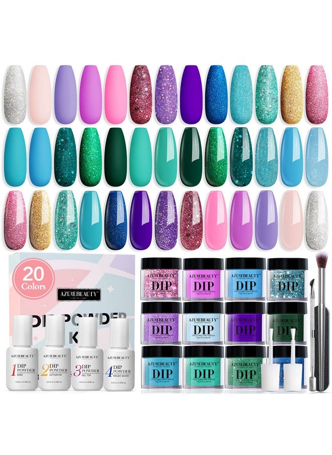 AZUREBEAUTY AZUREBEAUTY 29 Pcs Dip Powder Nail Kit Starter, 20 Colors Glitter Nude Green Mermaid Serie Dip Powders Liquid Set with Base Top Coat Activator French Nails Art Manicure DIY Salon Christmas Gift  - Image 1
