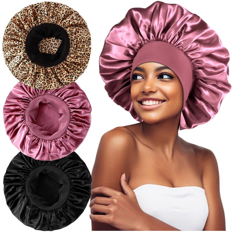 Heniho 3PCS Extra Large Satin Bonnets for Sleeping, Hair Bonnets for Black Women Braids Curly Hair, C - Image 1