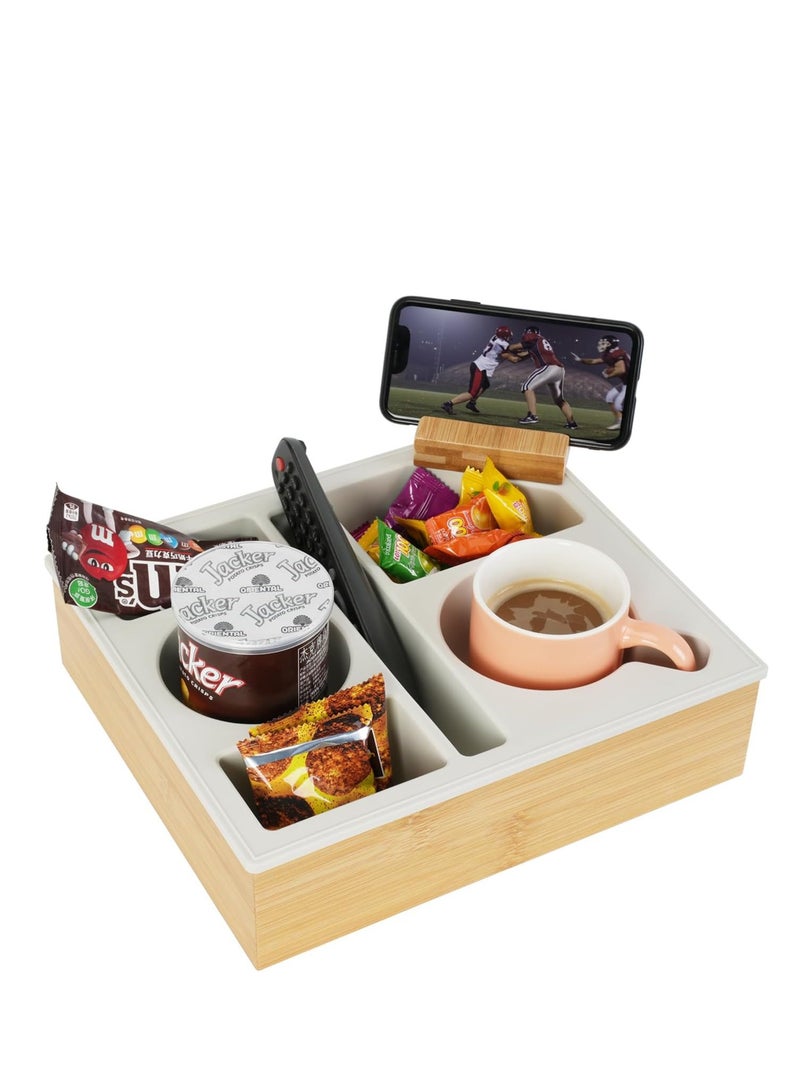 KASTWAVE Couch Cup Holder Tray, Handy Silicone Bamboo Couch Caddy, Waterproof Anti-spill Sofa Cup Holder, with Rotatable Phone Holder, Keep Your Drinks Hand Side, for Bed Car Seat Organizer, for Snack Beverage - Image 1