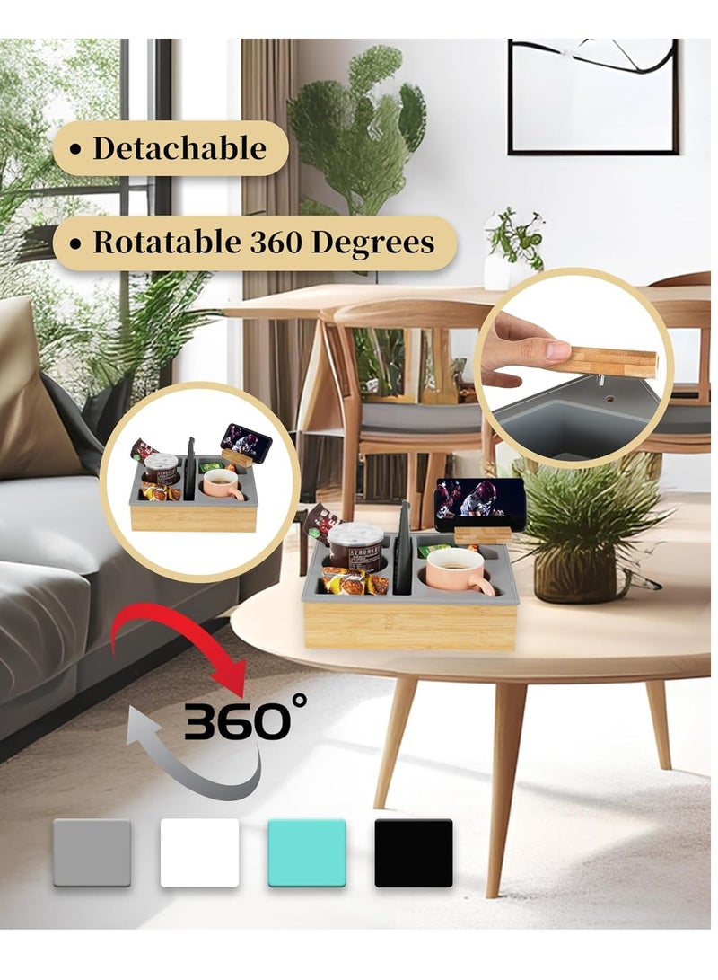 KASTWAVE Couch Cup Holder Tray, Handy Silicone Bamboo Couch Caddy, Waterproof Anti-spill Sofa Cup Holder, with Rotatable Phone Holder, Keep Your Drinks Hand Side, for Bed Car Seat Organizer, for Snack Beverage - Image 2