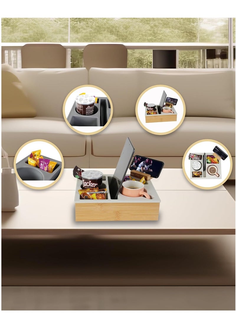 KASTWAVE Couch Cup Holder Tray, Handy Silicone Bamboo Couch Caddy, Waterproof Anti-spill Sofa Cup Holder, with Rotatable Phone Holder, Keep Your Drinks Hand Side, for Bed Car Seat Organizer, for Snack Beverage - Image 3