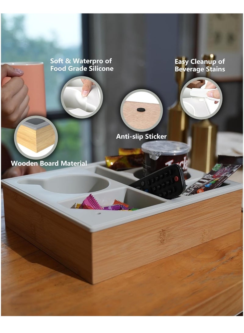 KASTWAVE Couch Cup Holder Tray, Handy Silicone Bamboo Couch Caddy, Waterproof Anti-spill Sofa Cup Holder, with Rotatable Phone Holder, Keep Your Drinks Hand Side, for Bed Car Seat Organizer, for Snack Beverage - Image 4
