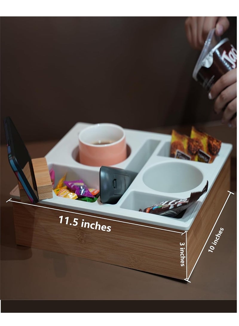 KASTWAVE Couch Cup Holder Tray, Handy Silicone Bamboo Couch Caddy, Waterproof Anti-spill Sofa Cup Holder, with Rotatable Phone Holder, Keep Your Drinks Hand Side, for Bed Car Seat Organizer, for Snack Beverage - Image 5