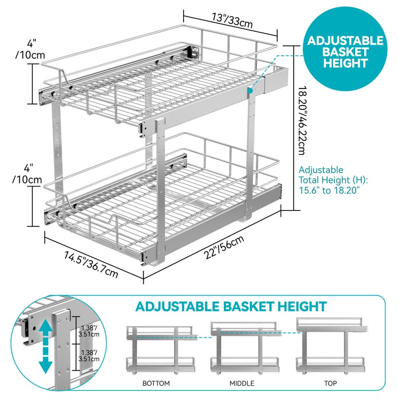 STORKING 2 Tier Pull Out Cabinet Organizer 14" W X 22" D, Slide Out Drawers For Kitchen Cabinets, Pull Out Drawers For Cabinets Capacity Heavy Duty Caddy, Cabinet Pullout Shelves Chrome-Plated,Bathroom Pantry - Image 2