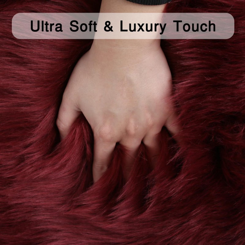 duduta Burgundy Sheepskin Throw Rug 2x3 ft, Fluffy Shag Faux Fur Seat Chair Covers Non Slip Washable - Image 2