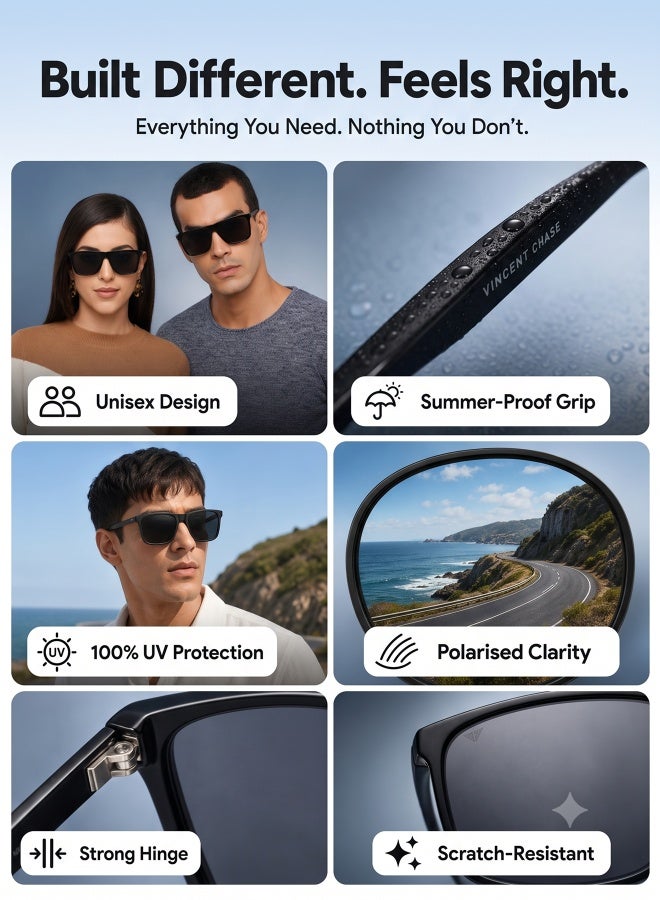 VINCENT CHASE Unisex VINCENT CHASE By Lenskart | Athleisure Wayfarer Frame Polarized & UV Protected Sunglasses VC S14525 - Lens Size: 59mm - Black - Image 2