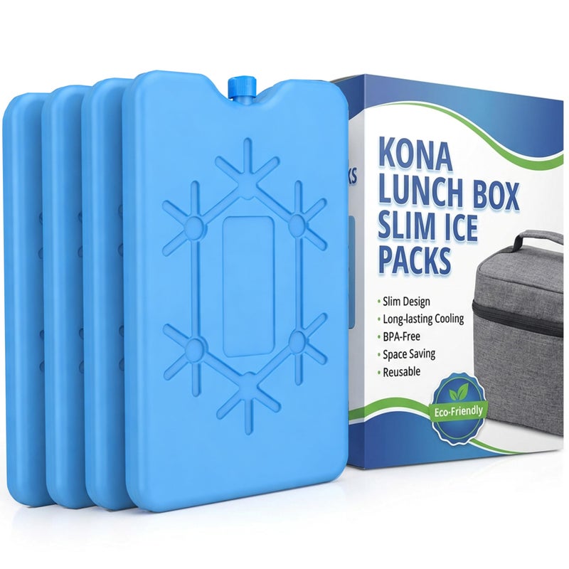 Kona 4 Pack Slim Ice Packs for Lunch Boxes & Coolers â€“ Reusable, Quick Freeze, Space Saving Freezer Packs â€“ Small Thin Cold Packs (Blue) - Image 1