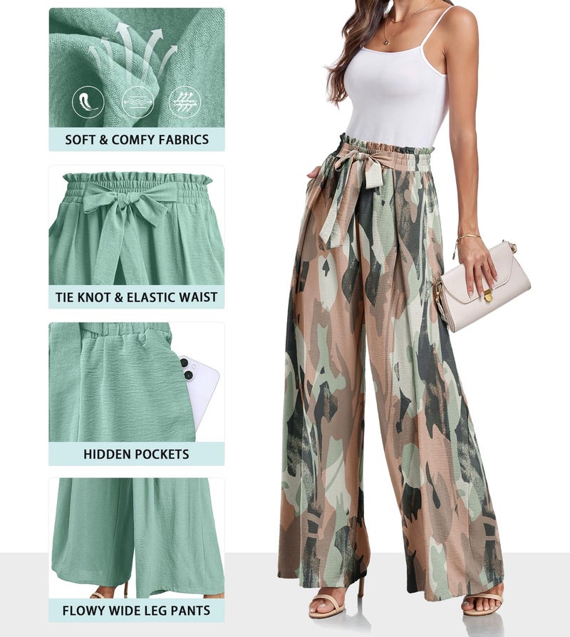 Lepunuo Women High Waist Casual Wide Leg Long Palazzo Pants Trousers Regular Size Camo - Pink - Image 3