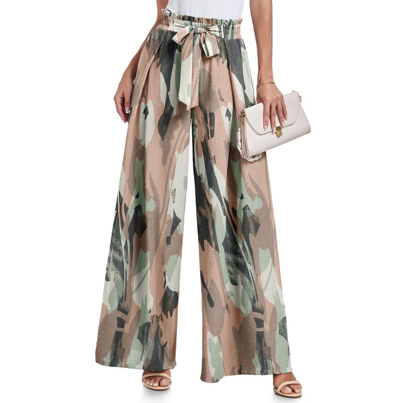 Lepunuo Women High Waist Casual Wide Leg Long Palazzo Pants Trousers Regular Size Camo - Pink - Image 1