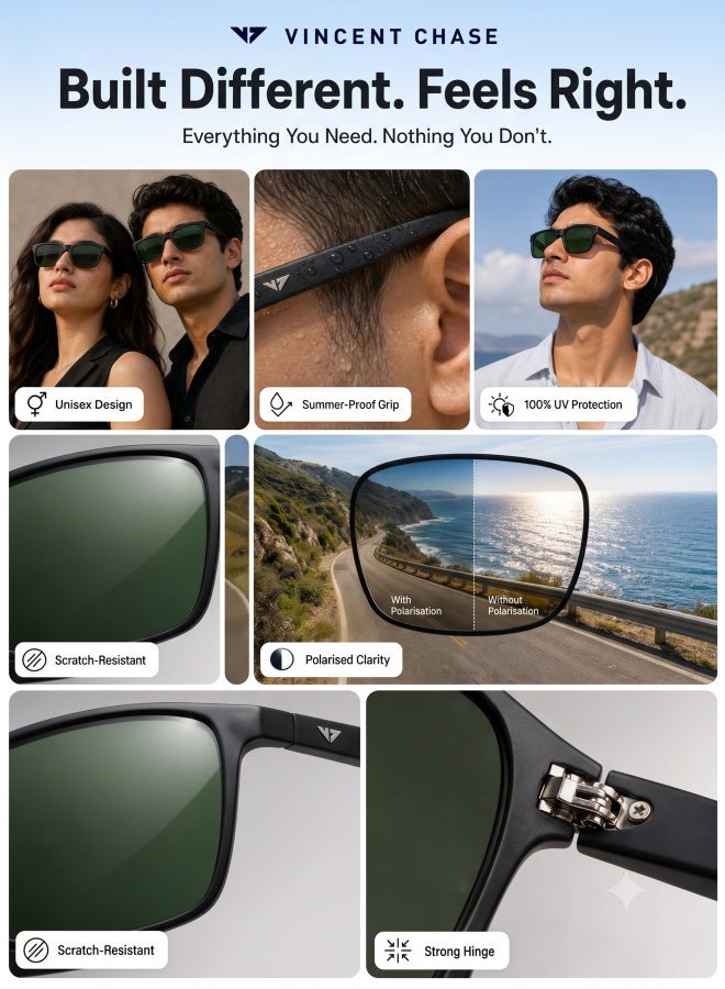 VINCENT CHASE Unisex VINCENT CHASE By Lenskart | Air Full Rim Wayfarer Frame Polarized & UV Protected Sunglasses LA S13159 - 54mm - Black - Image 2