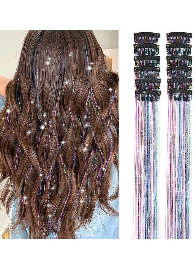 Hair Tinsel Pack of 12 Pcs Colorful Glitter Hair Accessories 20 Inch Clip in Hair Tinsel Extensions Fairy Hair Accessories Party Kit for Women Girls Kids (12Pcs,#Colorful) - Image 1