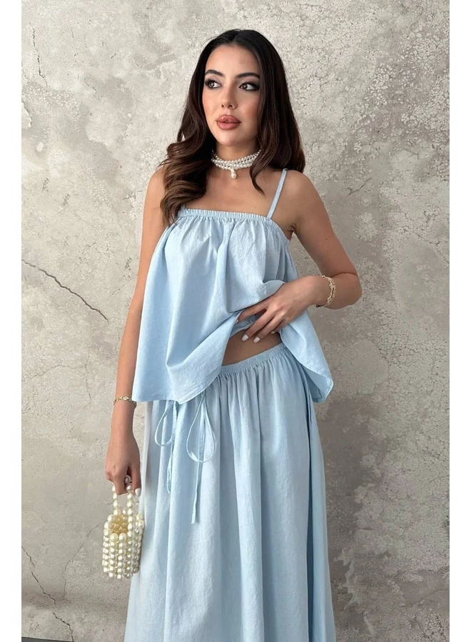 END BLACK Blue Ruffled Blouse and Skirt Set L.