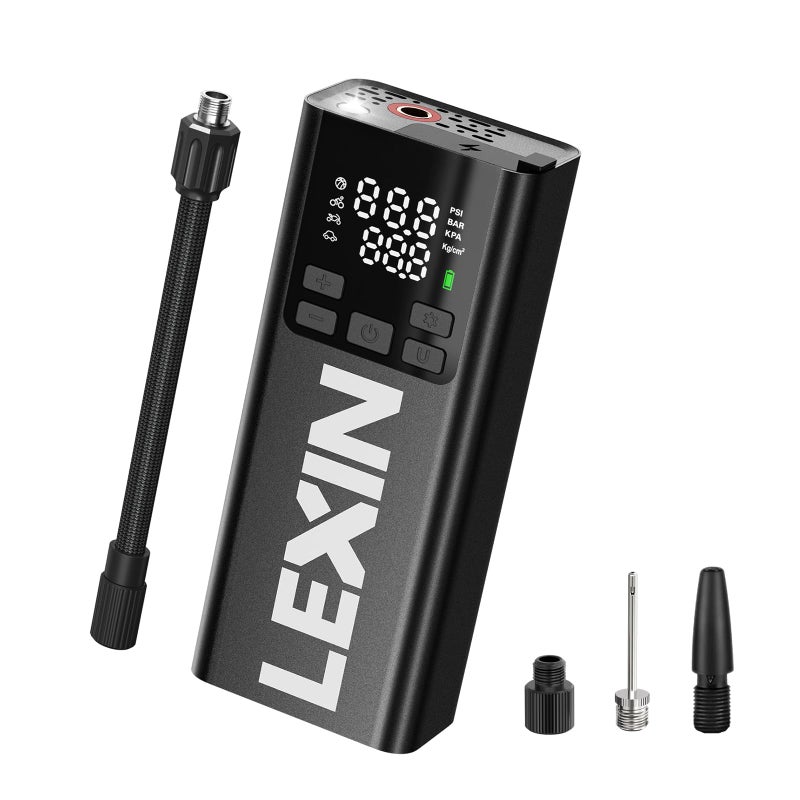 LEXIN P5 مضخة هواء محمولة لضغط الإطارات 150PSI مضخة هواء كهربائية لإطارات السيارات مع مقياس ضغط وضوء LED 5000mAh مضخة ذكية بدون سلك للسيارات والدراجات النارية والدراجات الهوائية والسكوتر والكرات من سبائك الألومنيوم