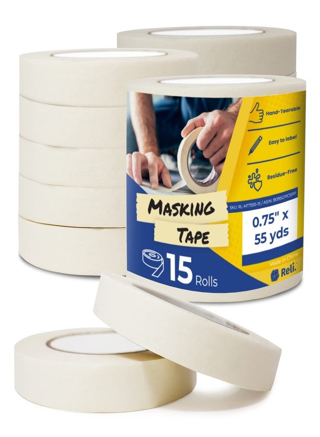 Reli. Masking Tape, Beige | 0.75" x 55 Yards (825 Yards Total) | 15 Rolls - Bulk | Masking Tape 3/4 inch for Painting, General Purpose, Home, Automotive | Painting/Masking Paper Tape | Beige/White - Image 1
