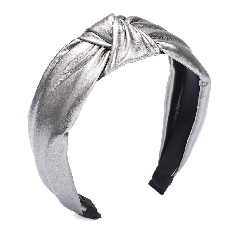 Etercycle Headband for Women Knotted Wide Headband Yoga Hair Band Fashion Elastic Hair Accessories for Women PU Silver